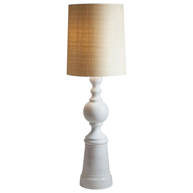 1970s France White Pottery Floor Lamp From Vallauris With Natural Linen Shade