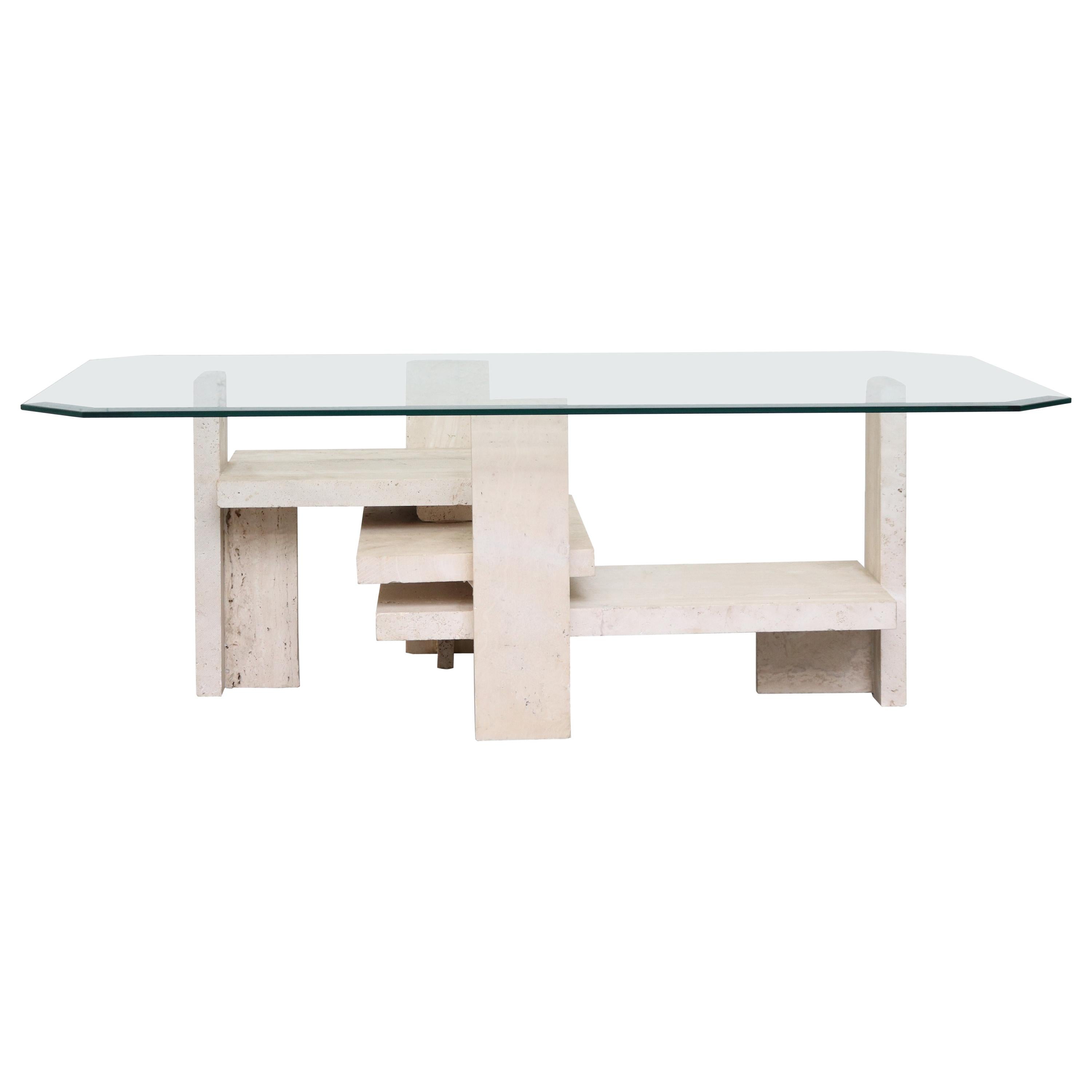 Willy Ballez Travertine and Glass Coffee Table