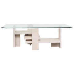 Willy Ballez Travertine and Glass Coffee Table