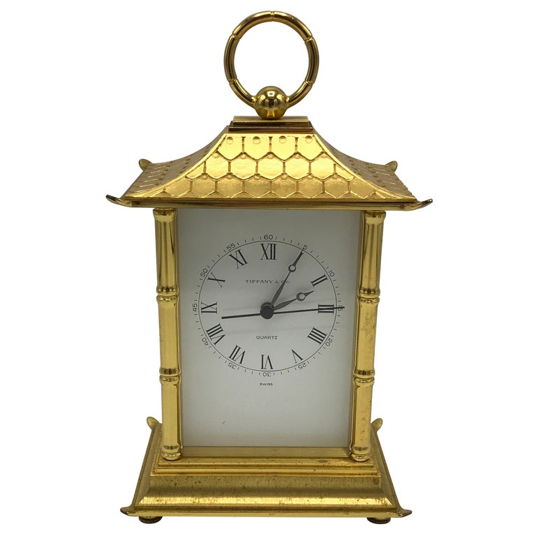 1980s Tiffany and Co. Brass Pagoda Clock with Faux Bamboo Detailing at