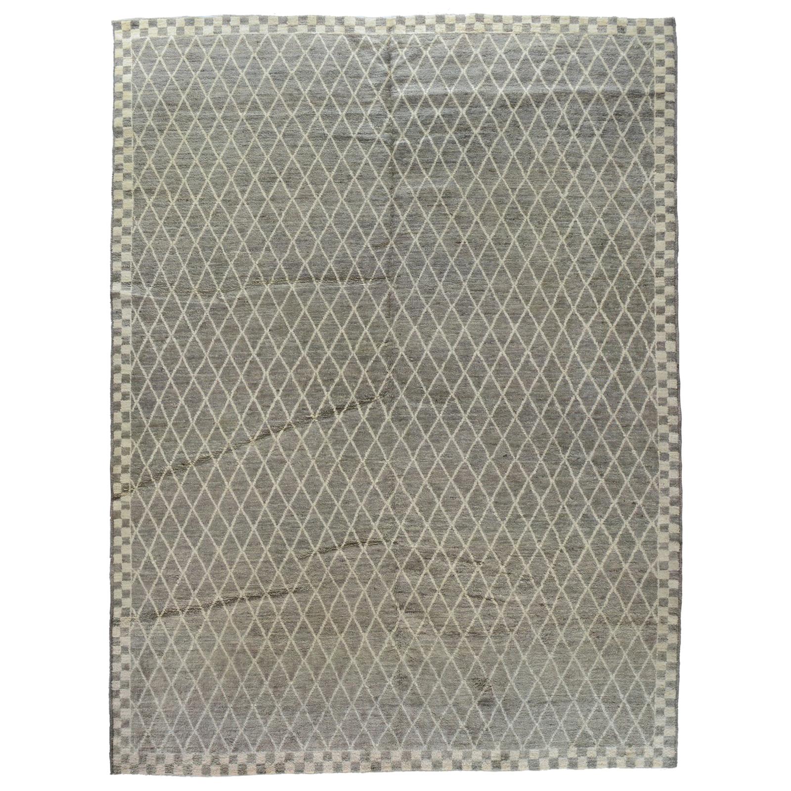 Gray and Silver Diamond and Checkerboard Moroccan Design Rug