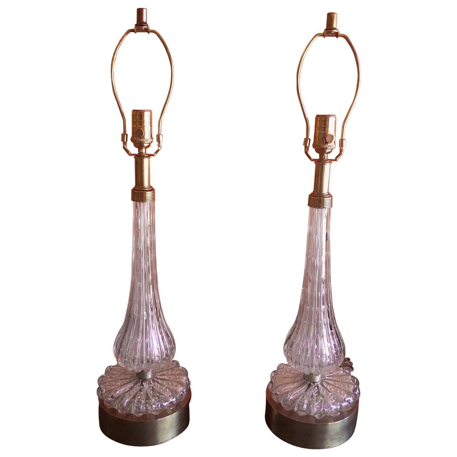 Pair of Barovier & Toso Pink Bullicante Murano Glass Table Lamps