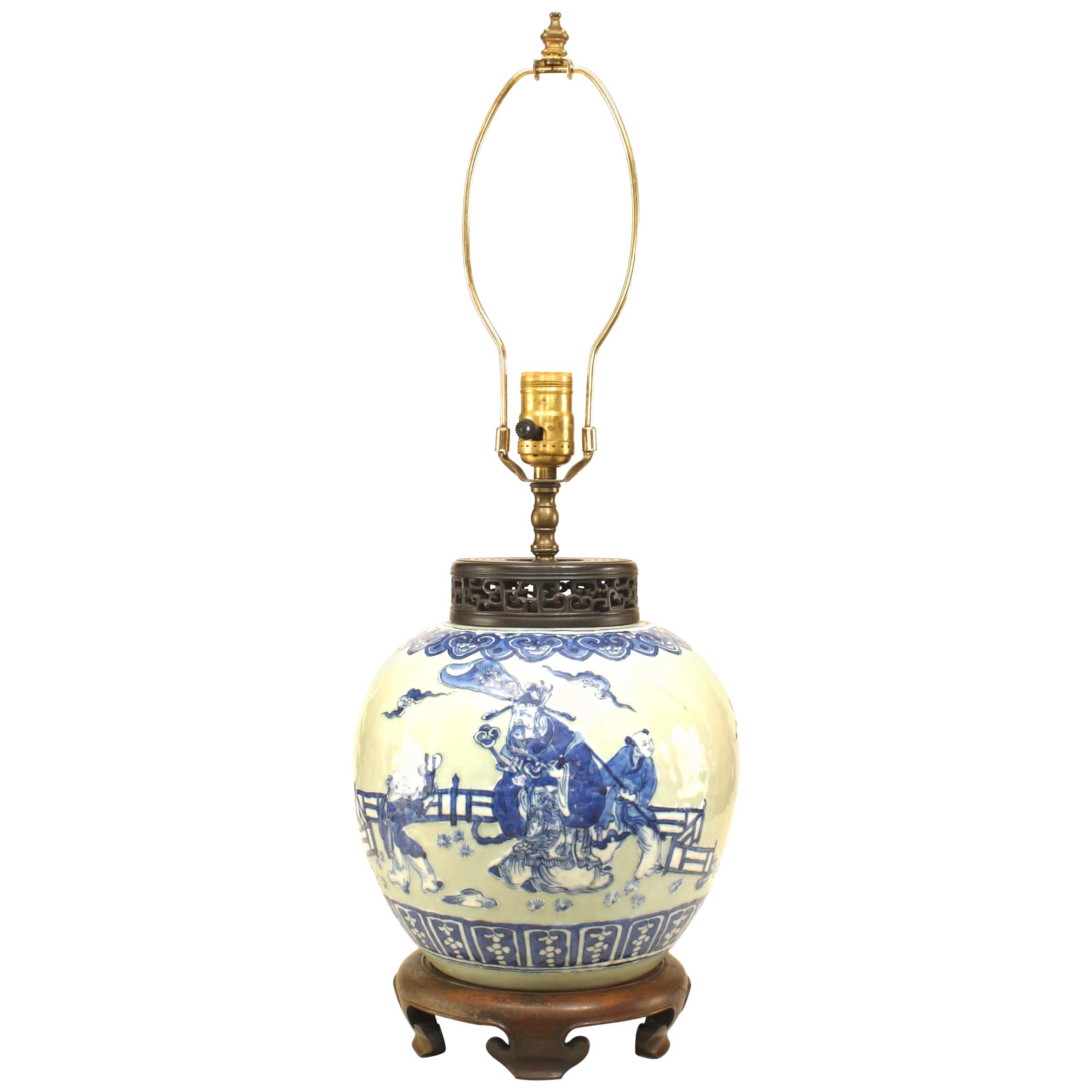 Chinese Celadon Porcelain Table Lamp on a Teak Base