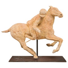 Terracotta Polo Player on a horse mounted on a Metal Stand by "Lara"