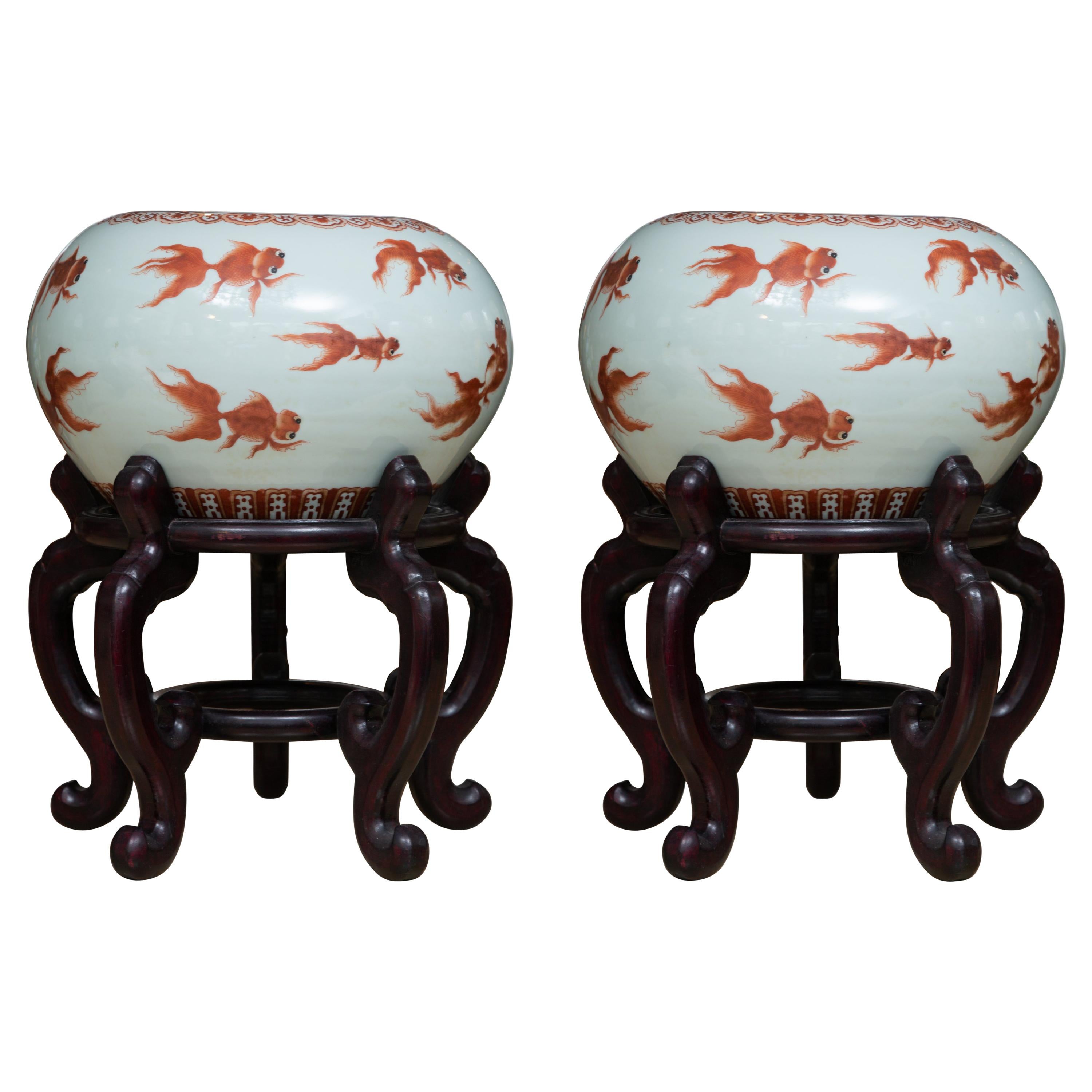 Chinese Porcelain Fish Bowls on Rosewood Stands