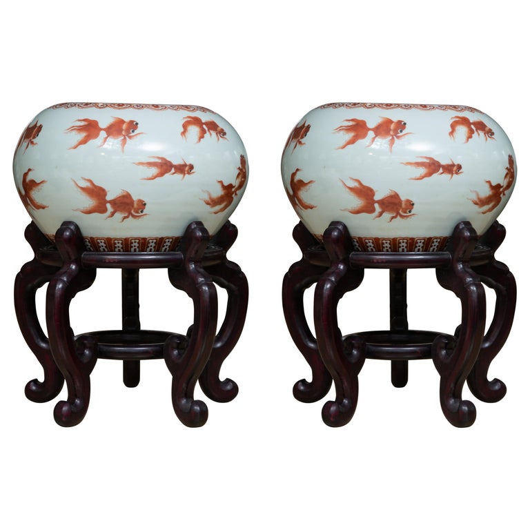 Chinese Porcelain Fish Bowls on Rosewood Stands at 1stDibs