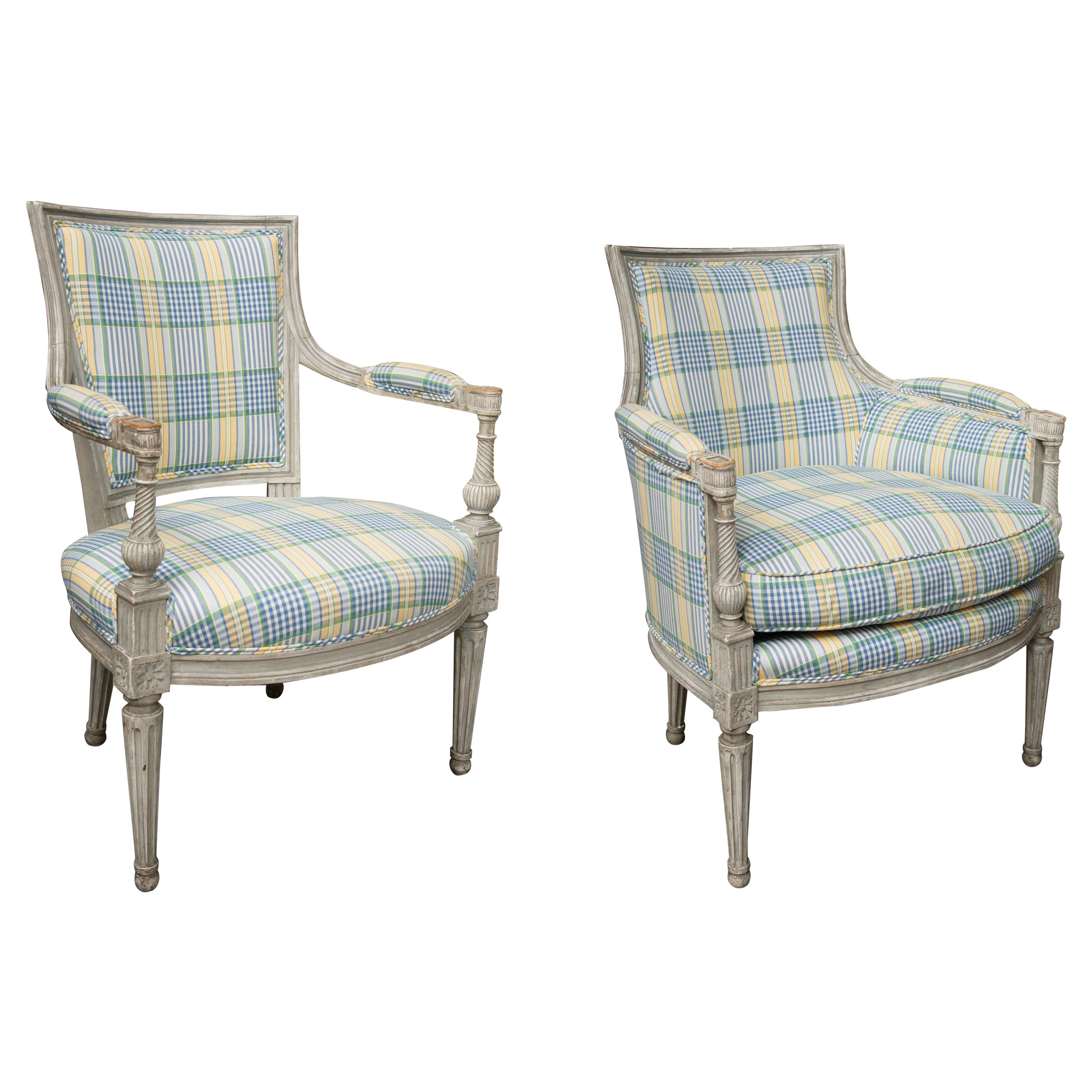 Pair of Companion Gray Painted Directoire Style Upholstered Chairs