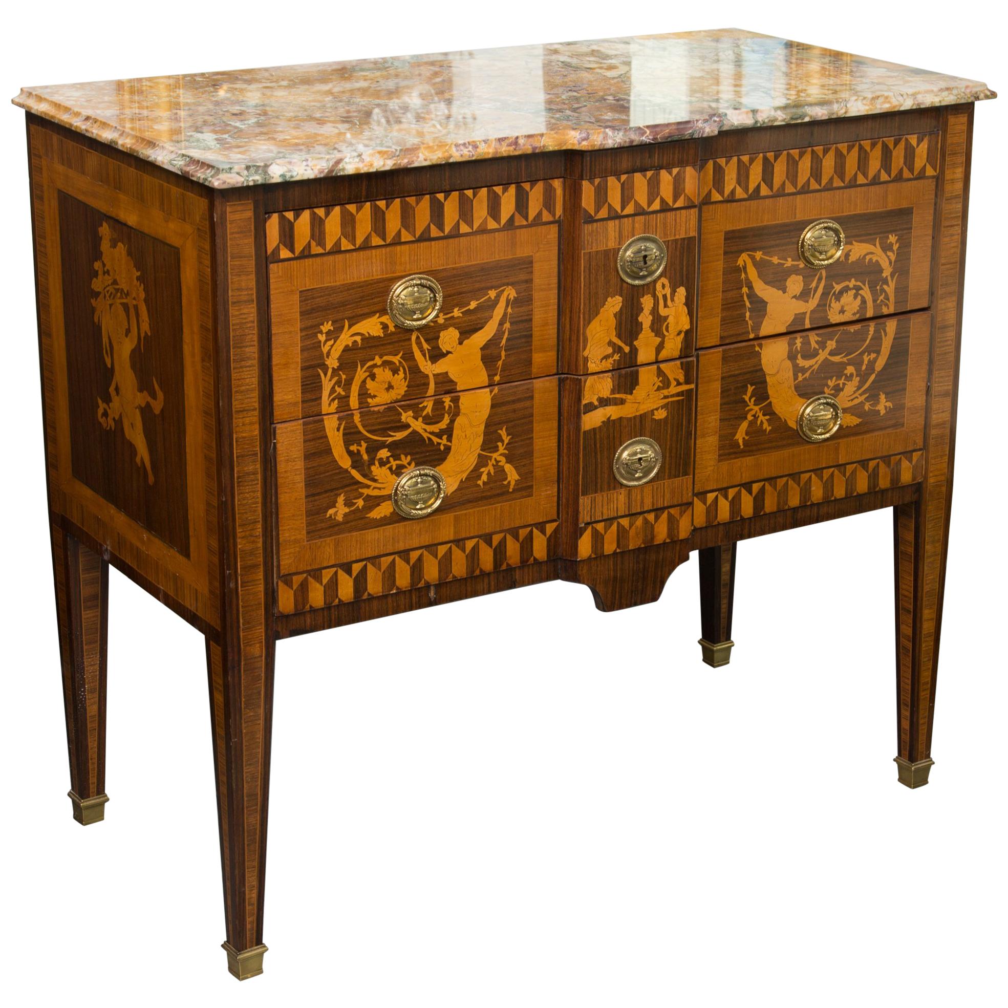 19th Century Italian Marquetry Inlaid Commode with Marble Top For Sale