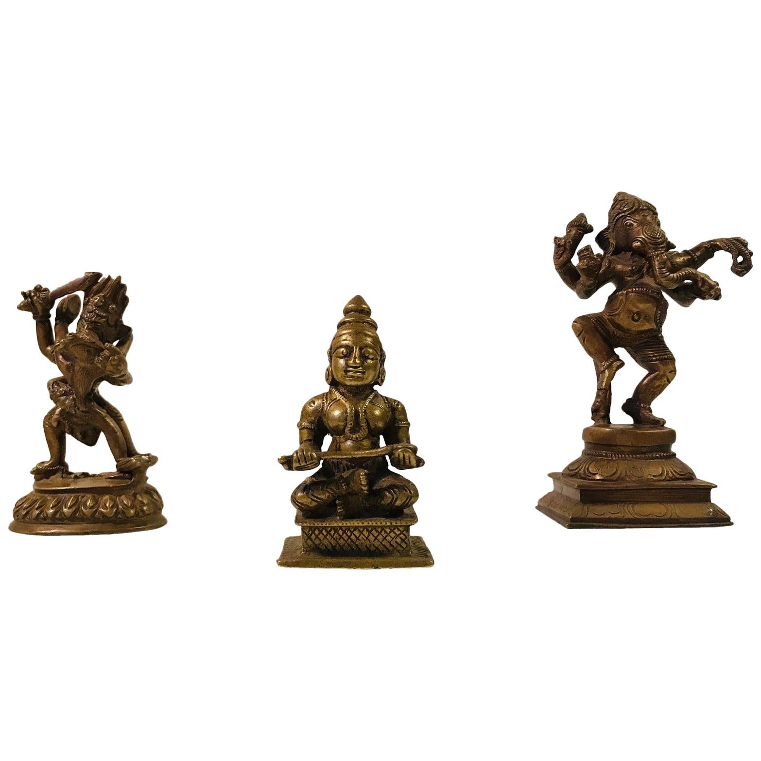 Trio of Antique Hindu God Figurines in Bronze, Maha Durga, Shiva and Ganesh