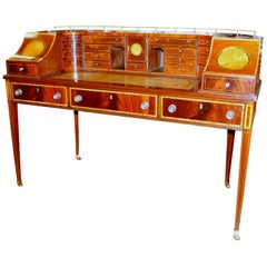Antique English Inlaid Figured Mahogany Leather Top Carlton House Desk
