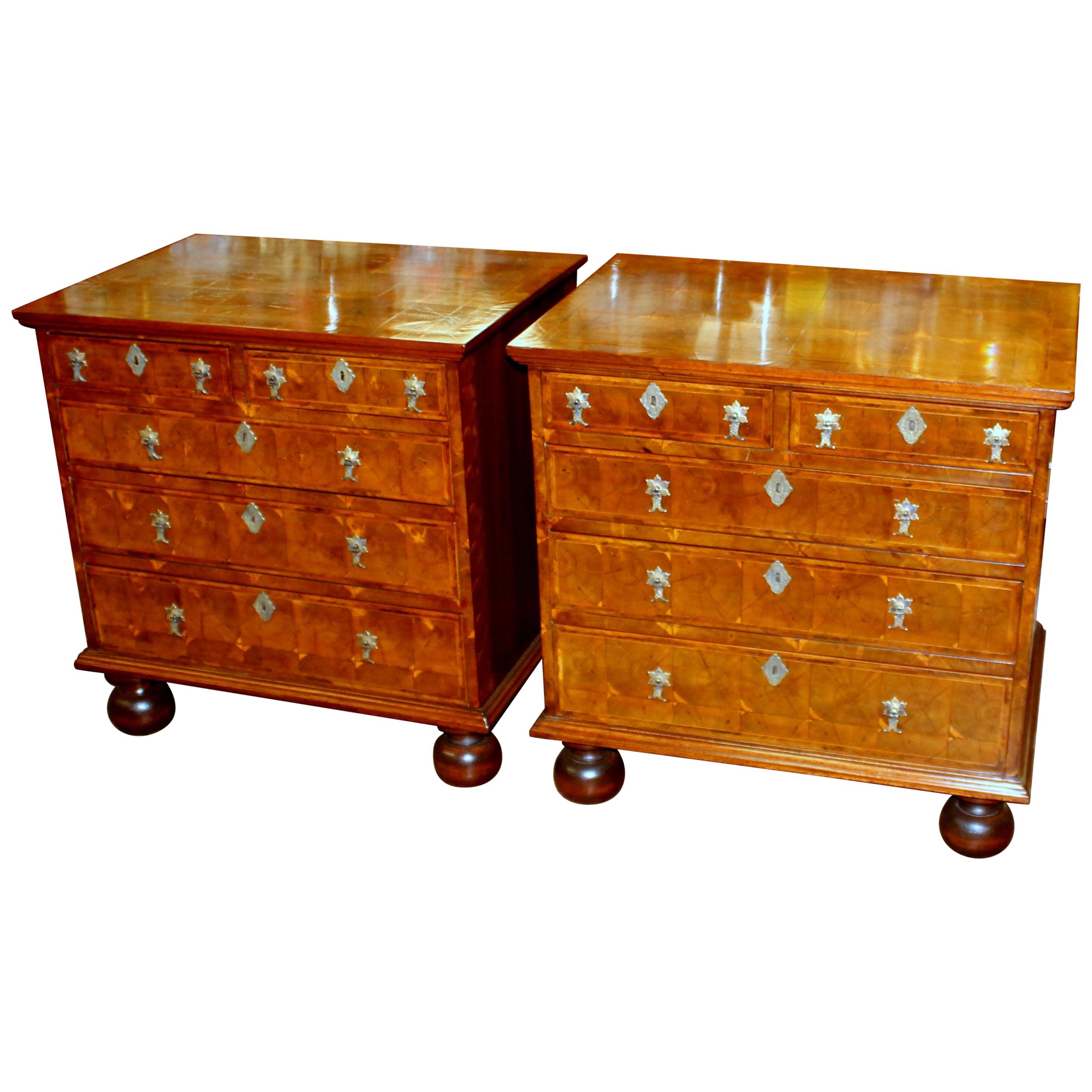 Pair of Antique English Q.A. Inlaid Laburnum Oyster Veneer Bachelor's Chests