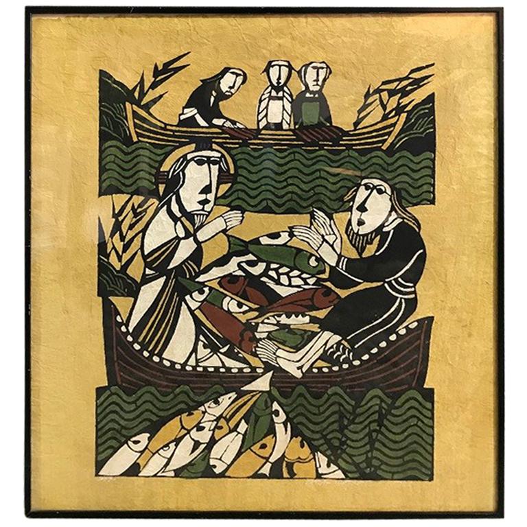 Sadao Watanabe Color Stencil Limited Print of Jesus Performing Miracle of Fish