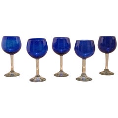Vintage Mexican Set of  5 Mouth-Blown Water Glasses Made of Cobalt Blue Glass