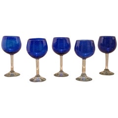 Ensemble mexicain de  5 verres à eau soufflés à la bouche fabriqués en verre bleu cobalt