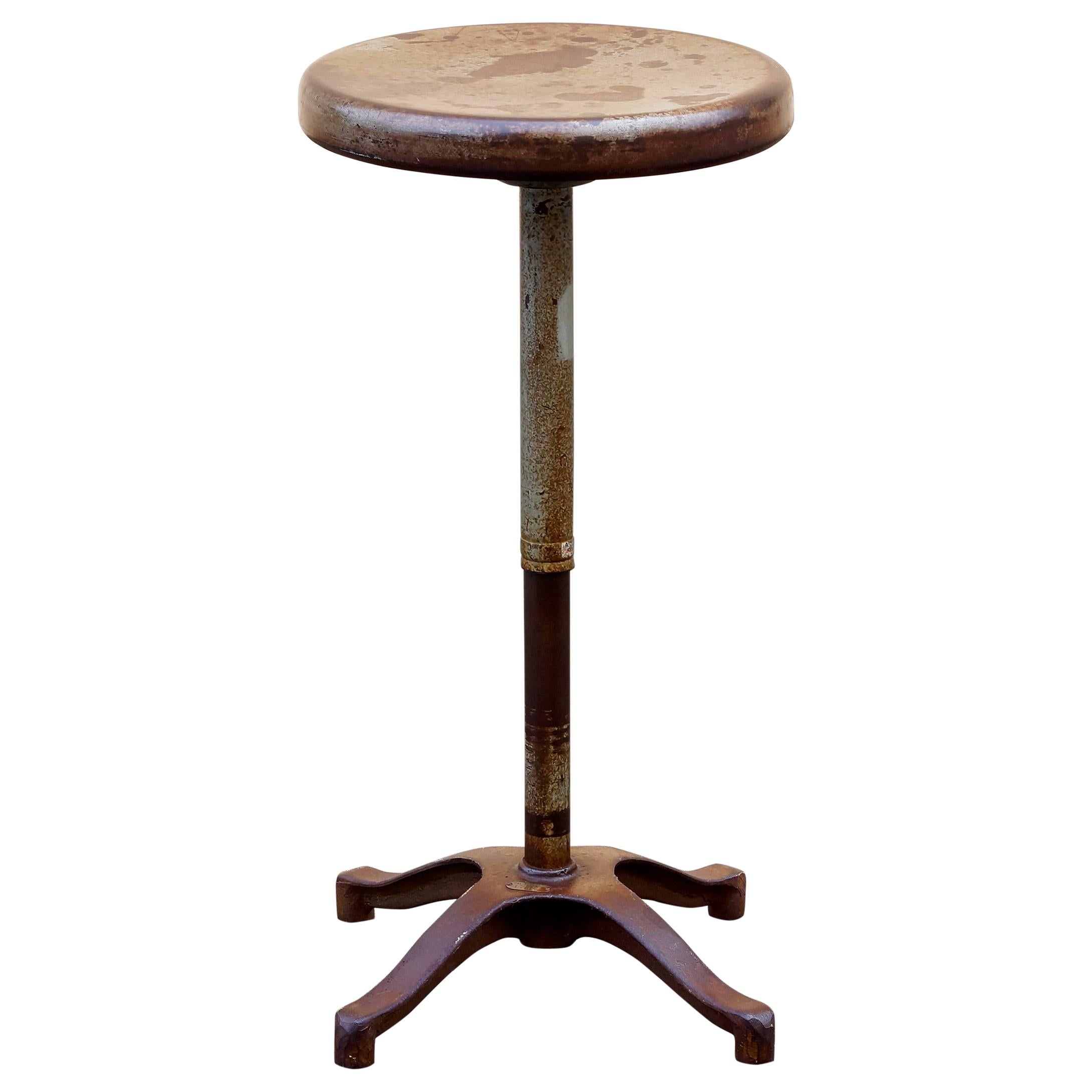 Antique Steel Stool with Distressed Patina, 1930s