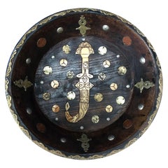 Vintage Early 20th Century Moroccan Serving Bowl - Ebony, Inlaid Bone, Silver Coins