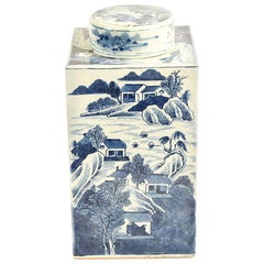 Antique 19th Century Chinese Kangxi Porcelain Tea Jar with Blue and White Underglaze