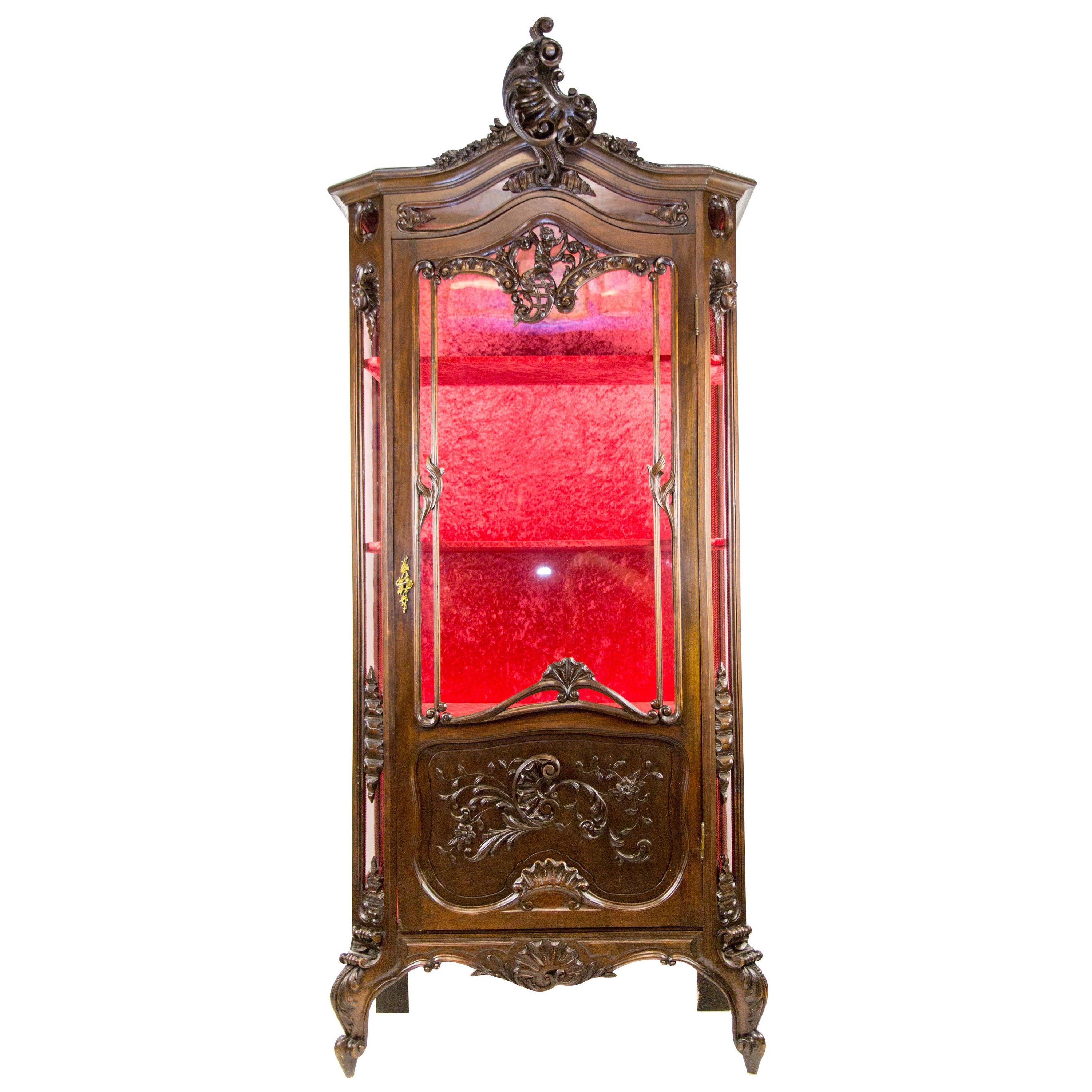 19th Century French Louis XV Style Walnut Figural Vitrine or Display Cabinet For Sale