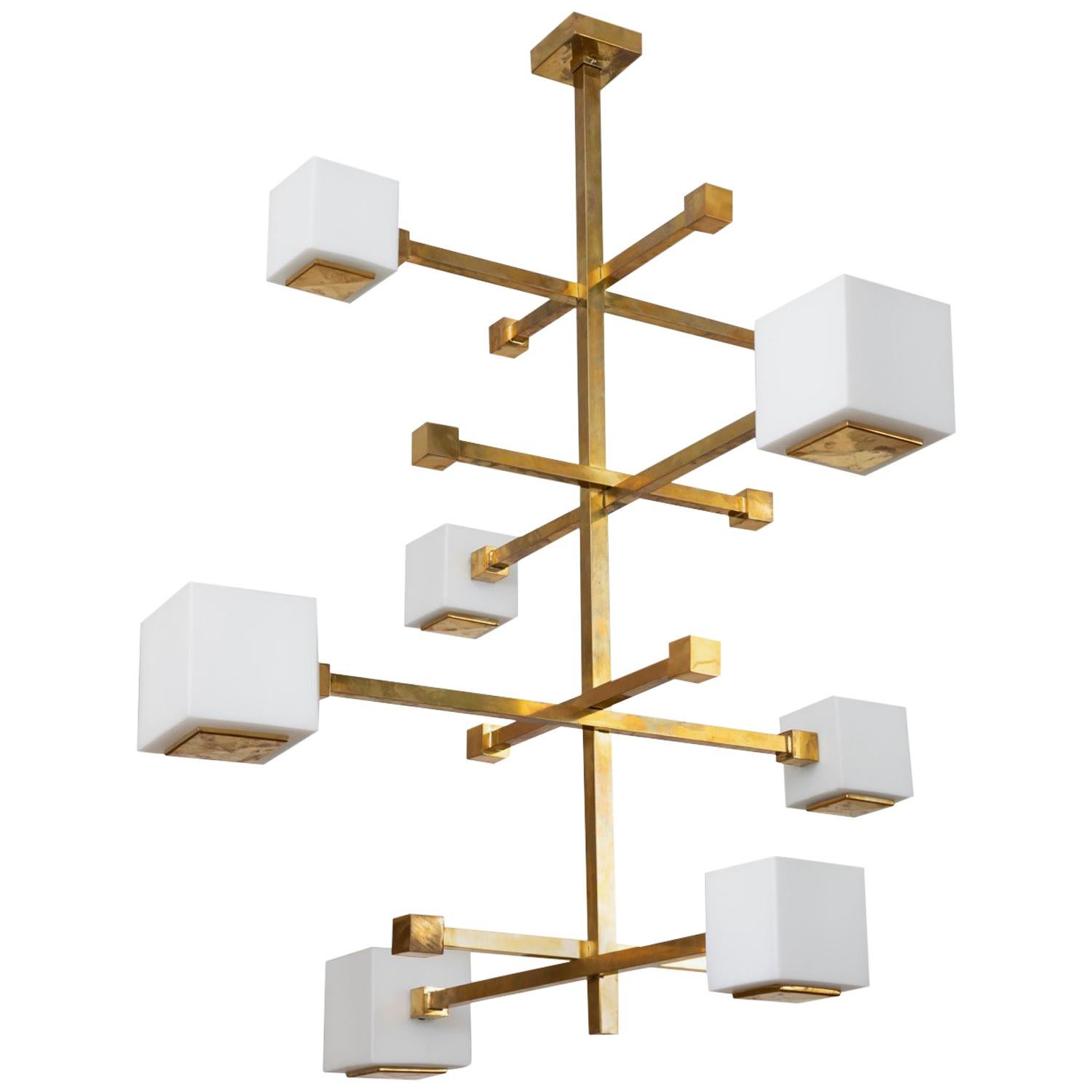 1970s Style Gilt Brass Chandelier with White Glass Cubes