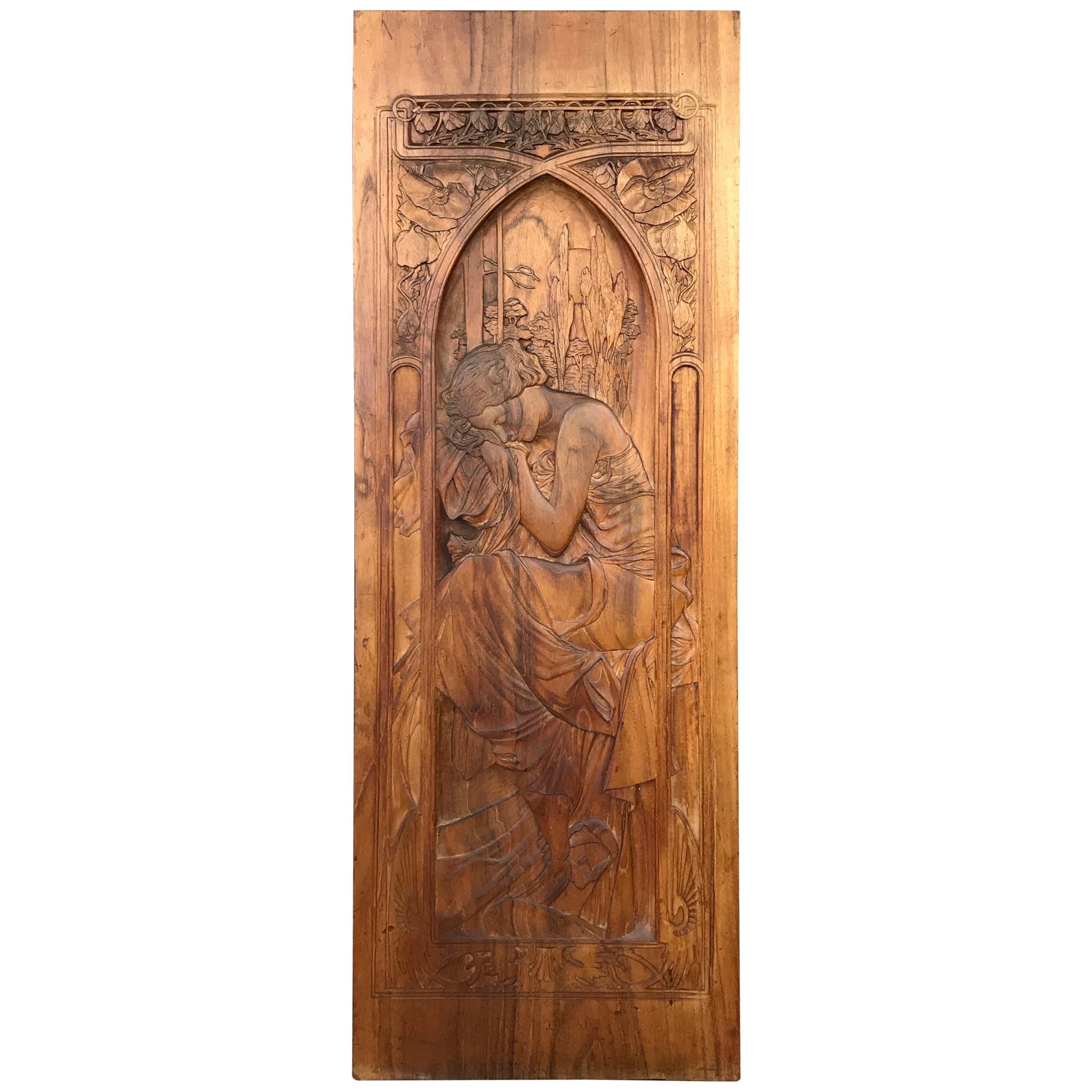 Art Nouveau Carved Wood Panel after Alphonse Mucha’s “Repos de la Nuit”