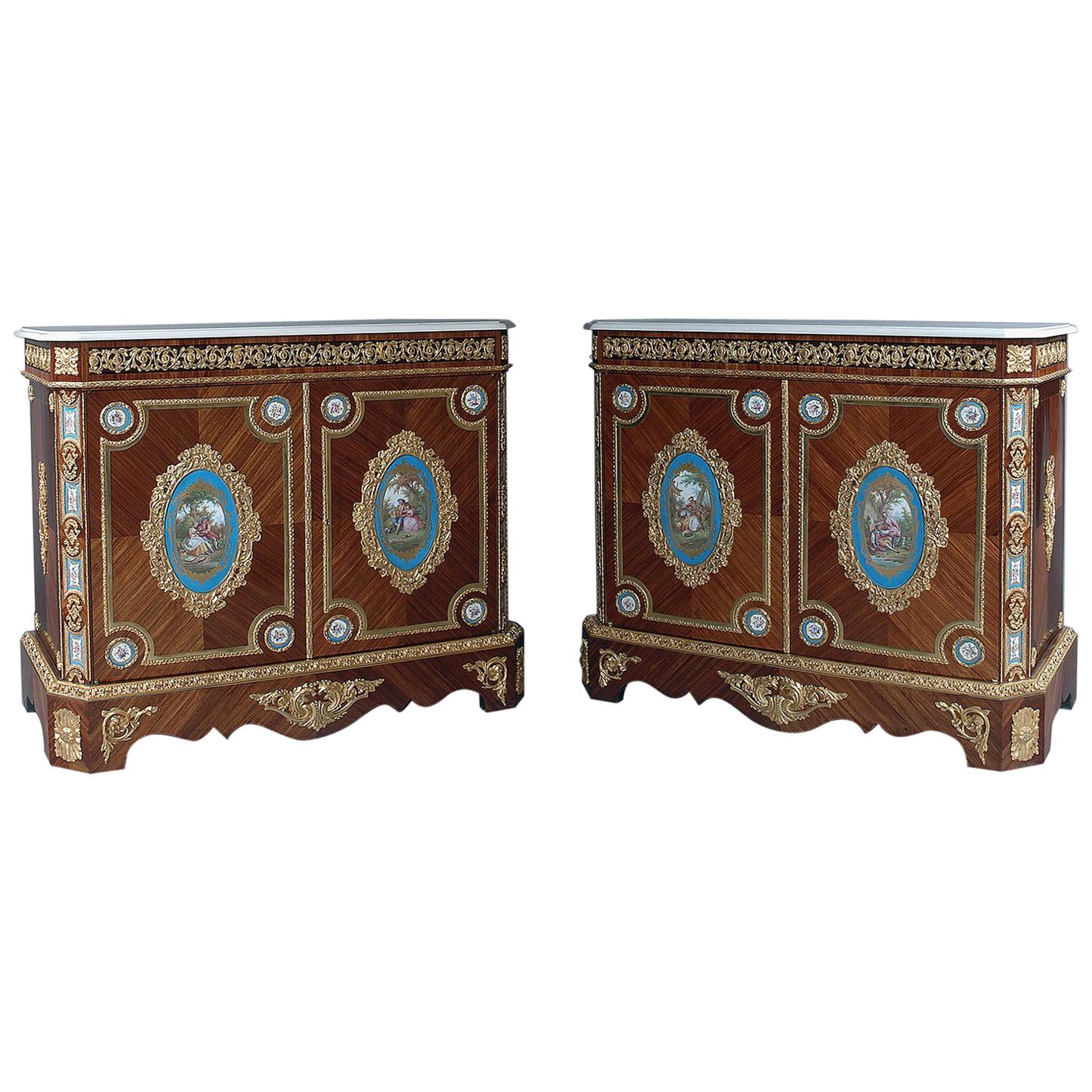 Very Fine Pair of Side Cabinets with Sèvres-style Porcelain Panels, circa 1860