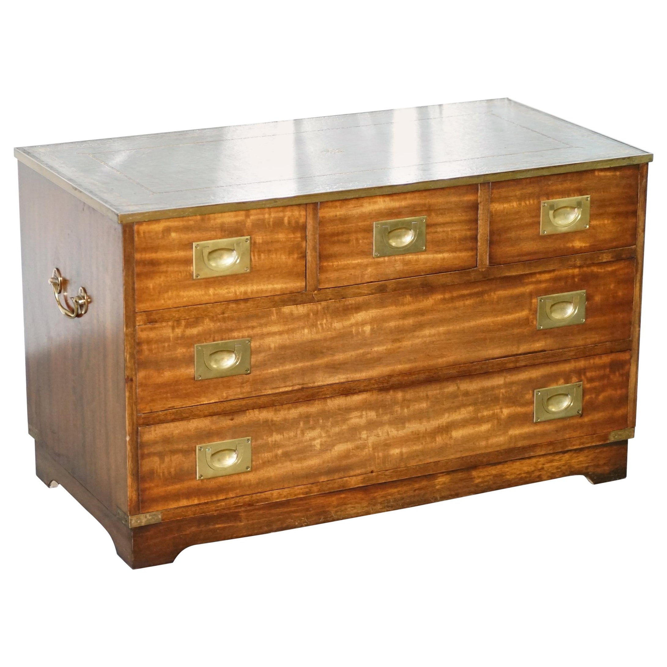 Bevan Funnell Reprodux Campaign Chest of Drawers Leather Top TV Stand For Sale
