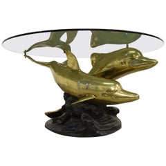 Polished Brass and Bronze Italian Coffee Table with Dolphins, 1970s