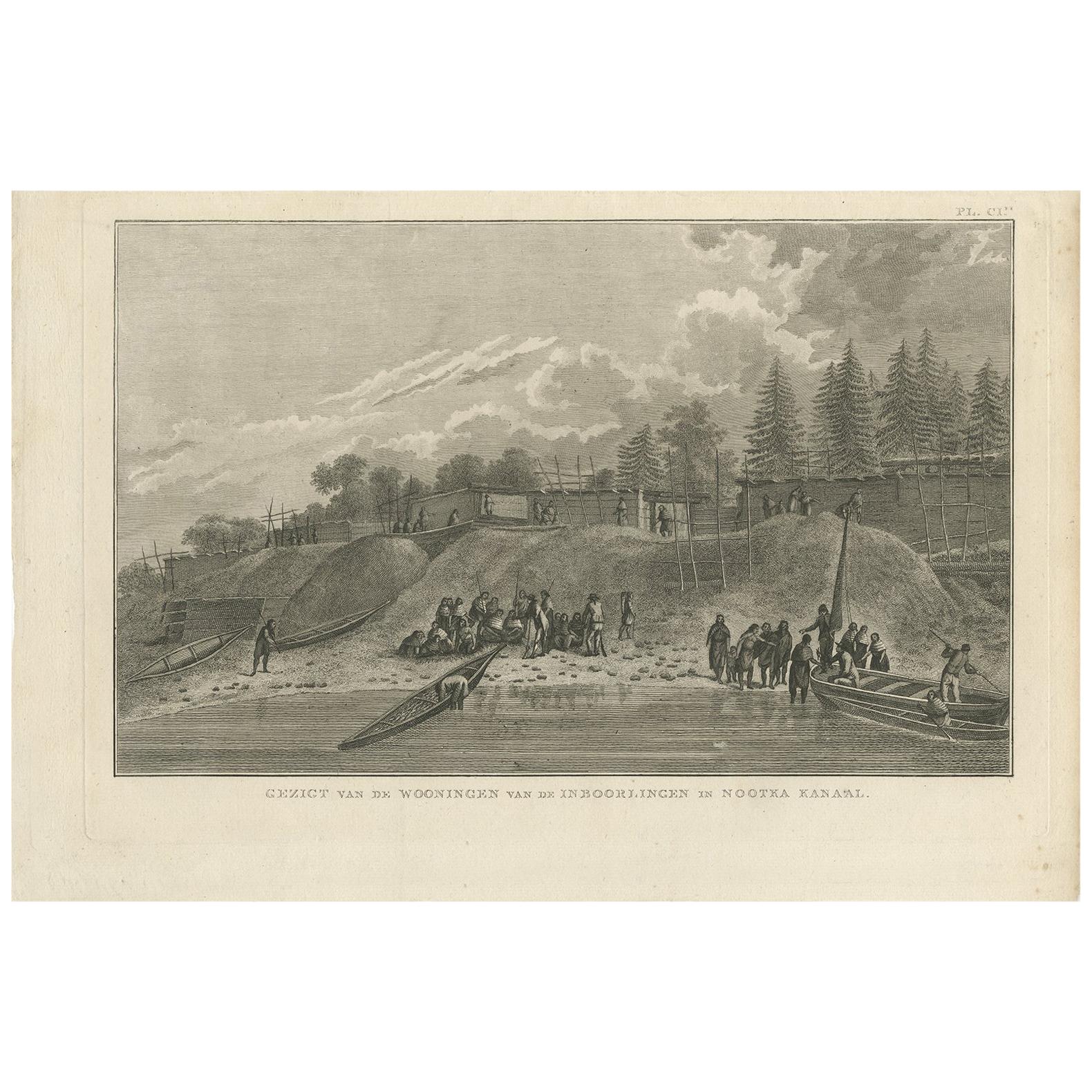 Antique Print of Houses in Nootka Channel by Cook, 1803 For Sale