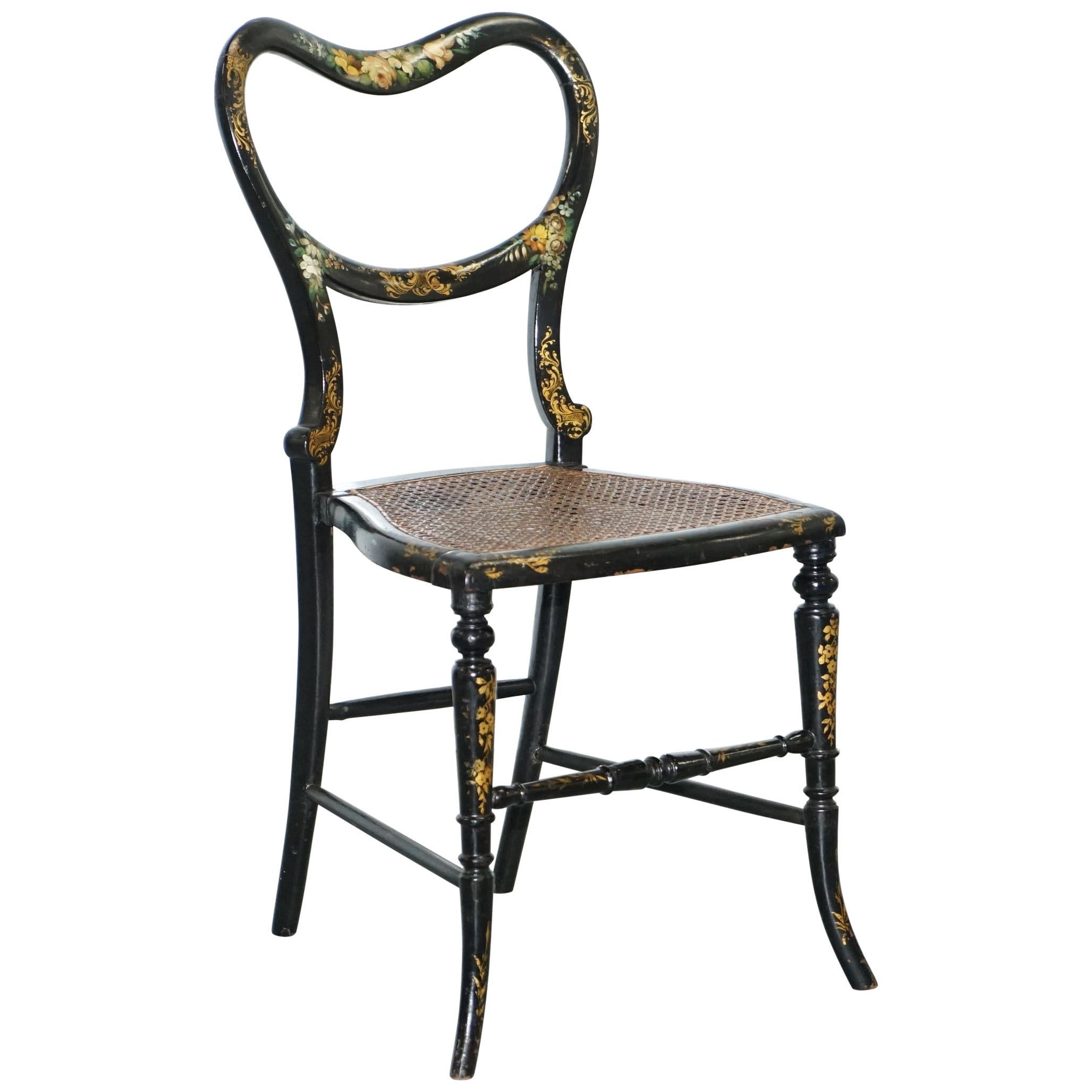 18th Century Georgian Rare Floral Hand Painted Chinoiserie Ebonised Chair