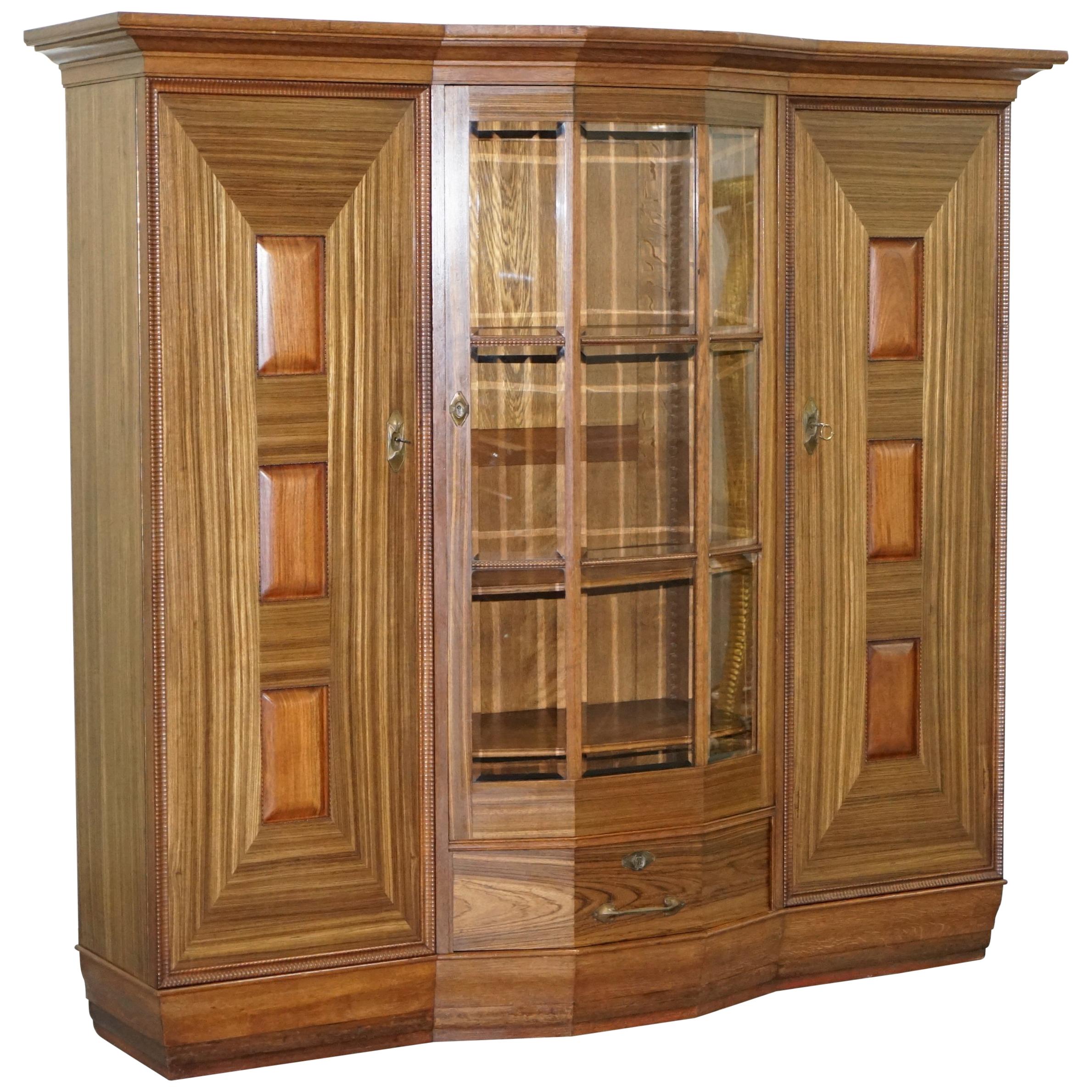 Large Art Deco Teak Bookcase Cupboard with Library Brake Front Glazed Door