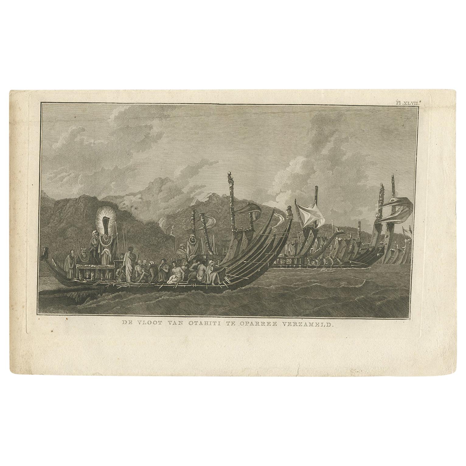 Antique Print of the Fleet of Proas of Tahiti by Cook, 1803
