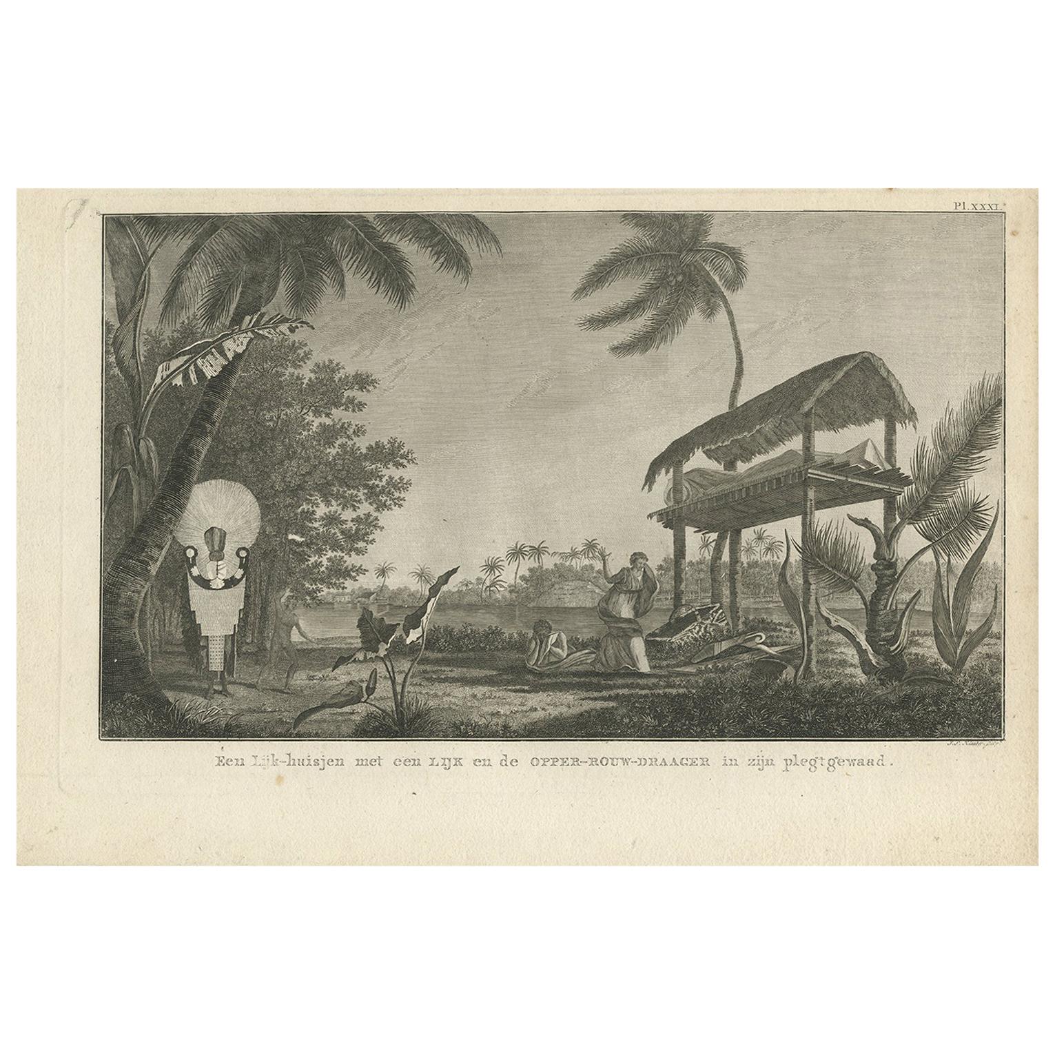 Grabado antiguo de un ritual funerario de Cook, 1803 en venta