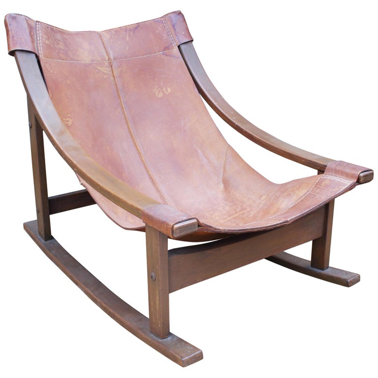 1950s Spanish Wood and Leather Rocking Chair at 1stDibs