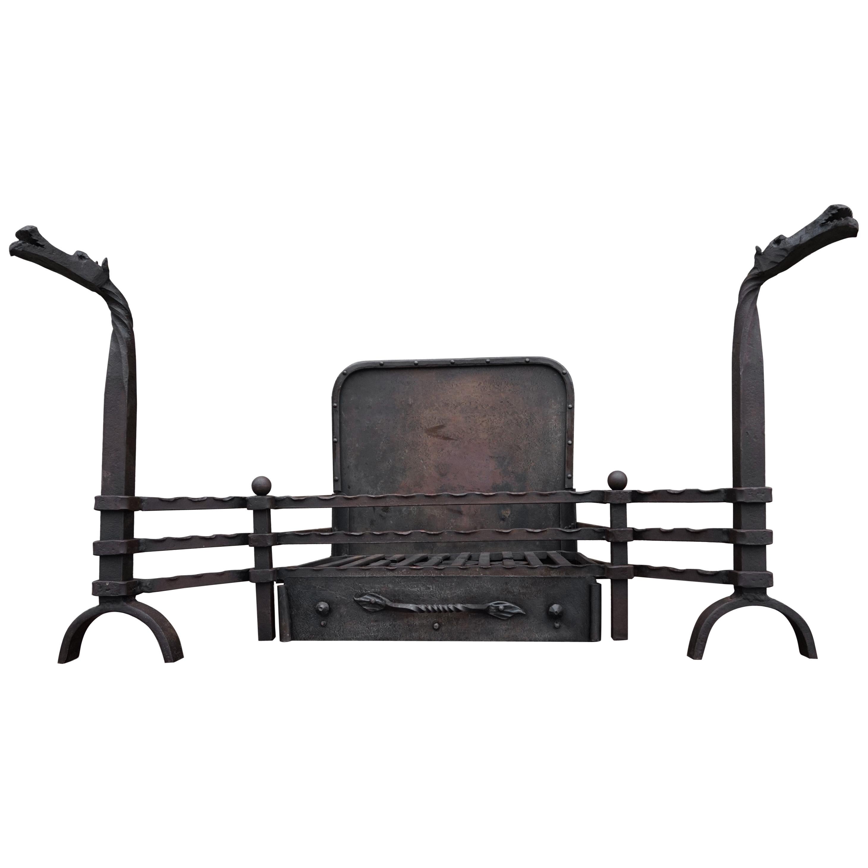 Hand Forged Arts & Crafts Era Wrought Iron Fireplace with Dragon Sculpture & Ash For Sale