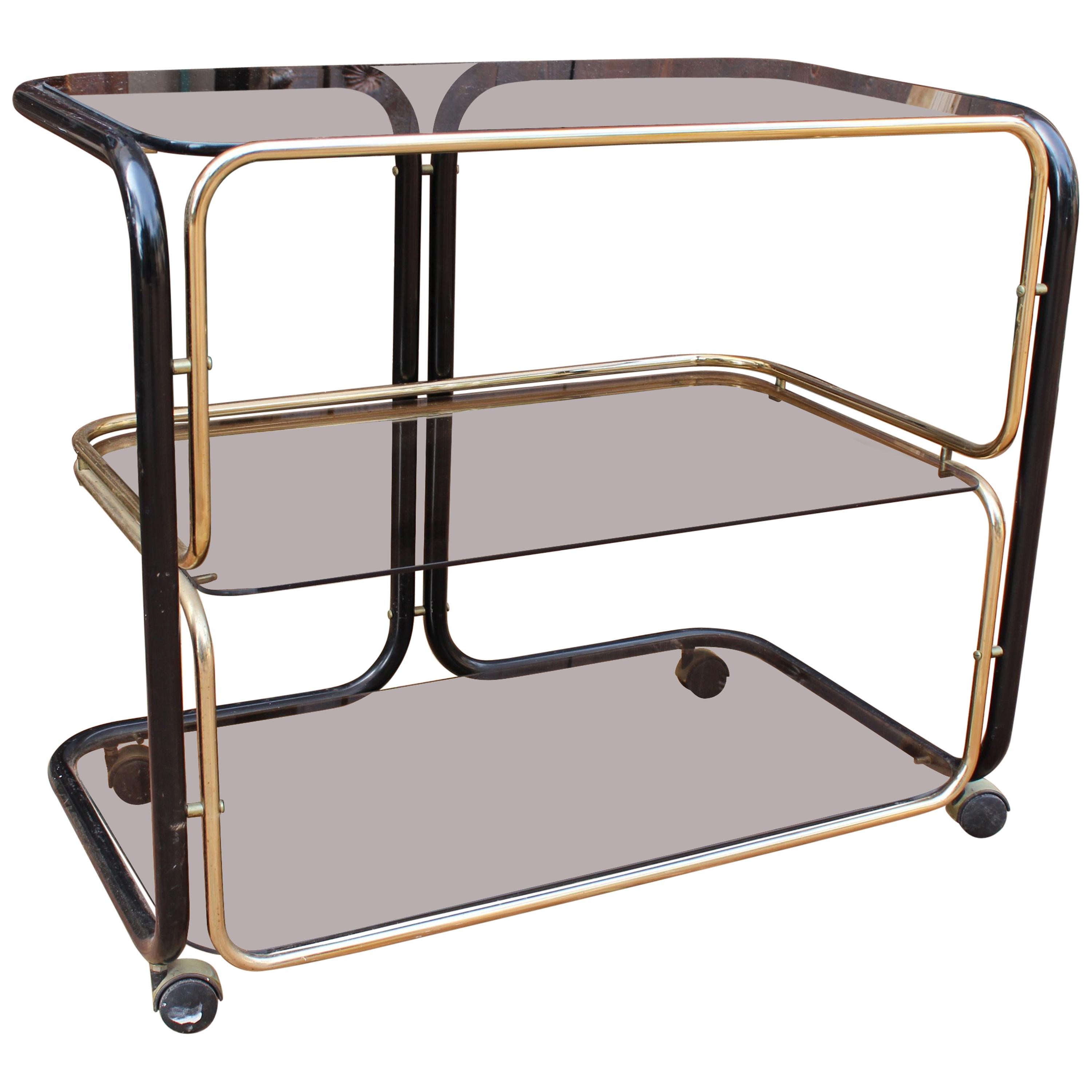 1960s European Vintage Two-Tone Metal Smoked Glass Drinks Trolley