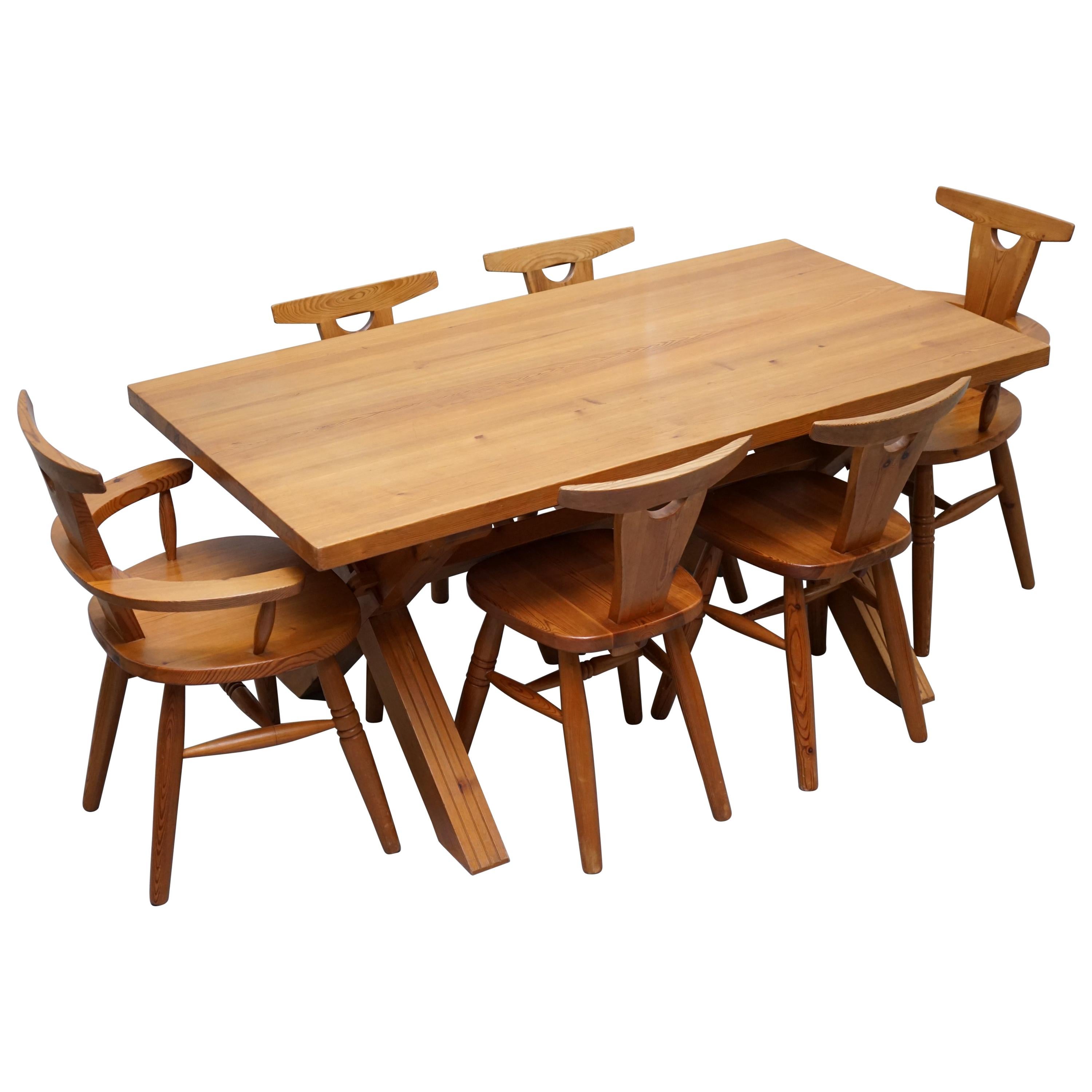 Rare Robin Nance of St Lues Solid Pine X-Framed Dining Table & 6 Chairs Carvers