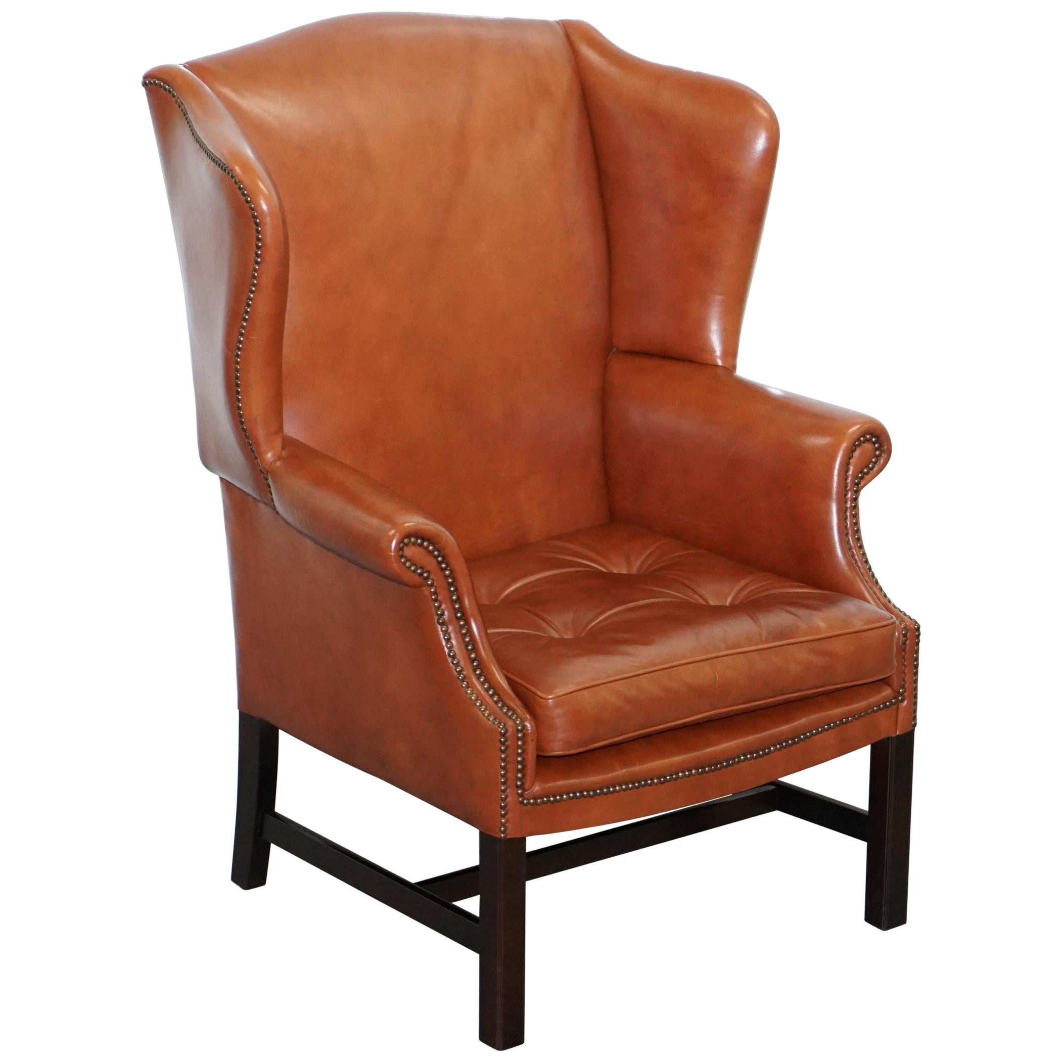 Wingback Brown Leather Armchair Floating Button Chippendale Chesterfield Cushion