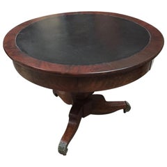 19th Century English Mahogany Table with Drawers and Black Leather Top, 1890s