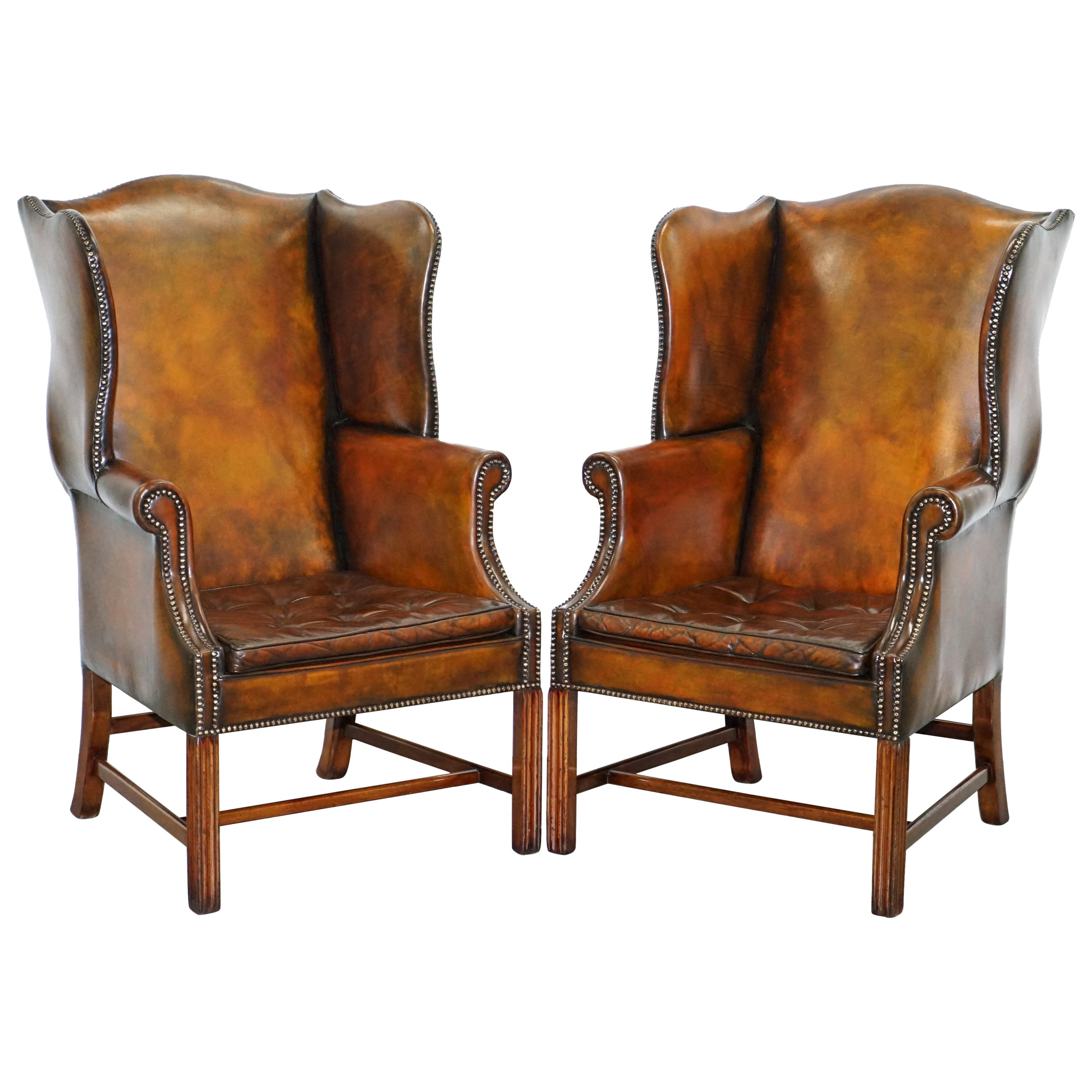 Pair of Georgian, circa 1820 Restored Hand Dyed Brown Leather Wingback Armchairs
