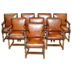 8 Howard & Son's Stamped circa 1900 Brown Leather Carver Gainsborough Armchairs
