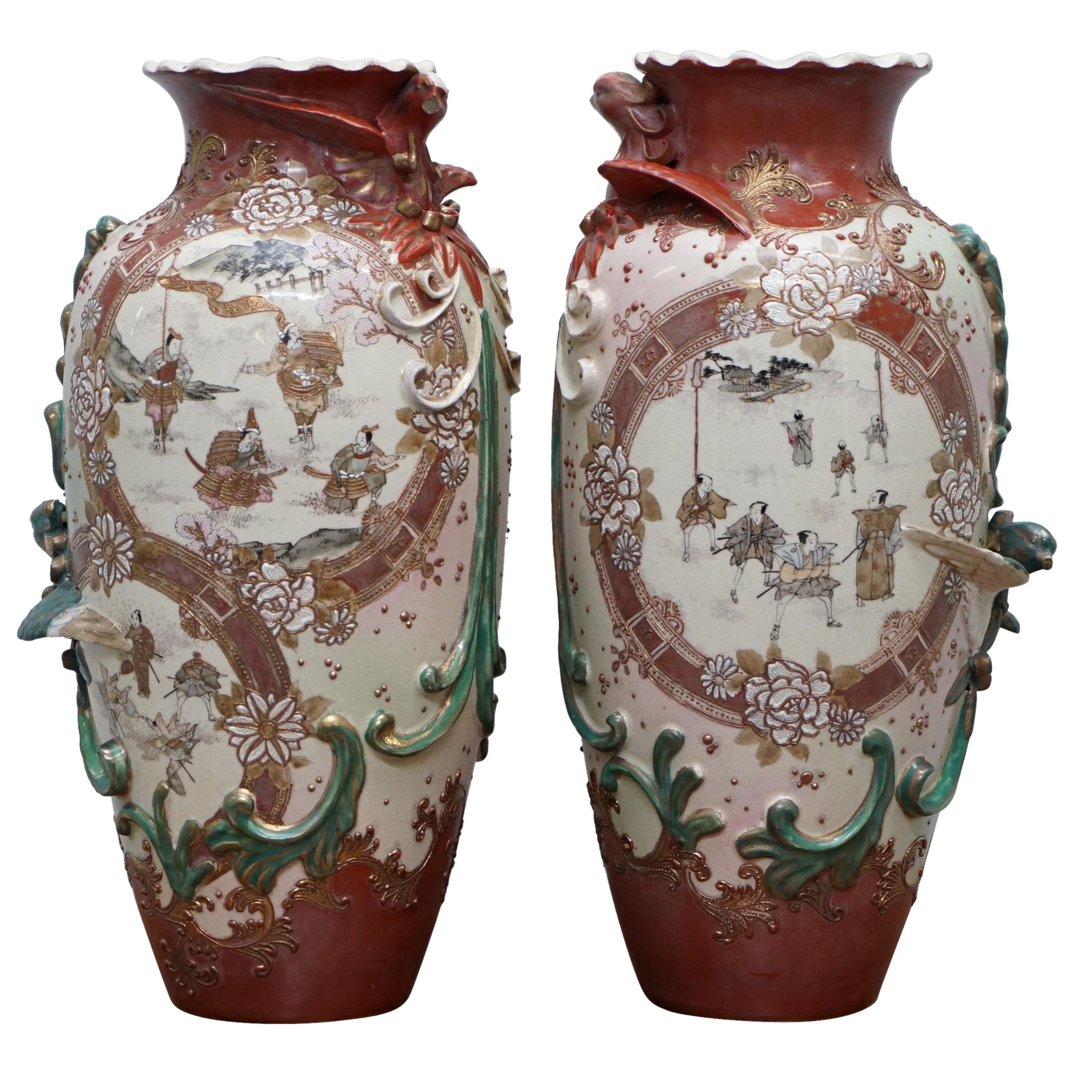 Pair of Signed Large Early 19th Century Chinese Vases Ornate Designs
