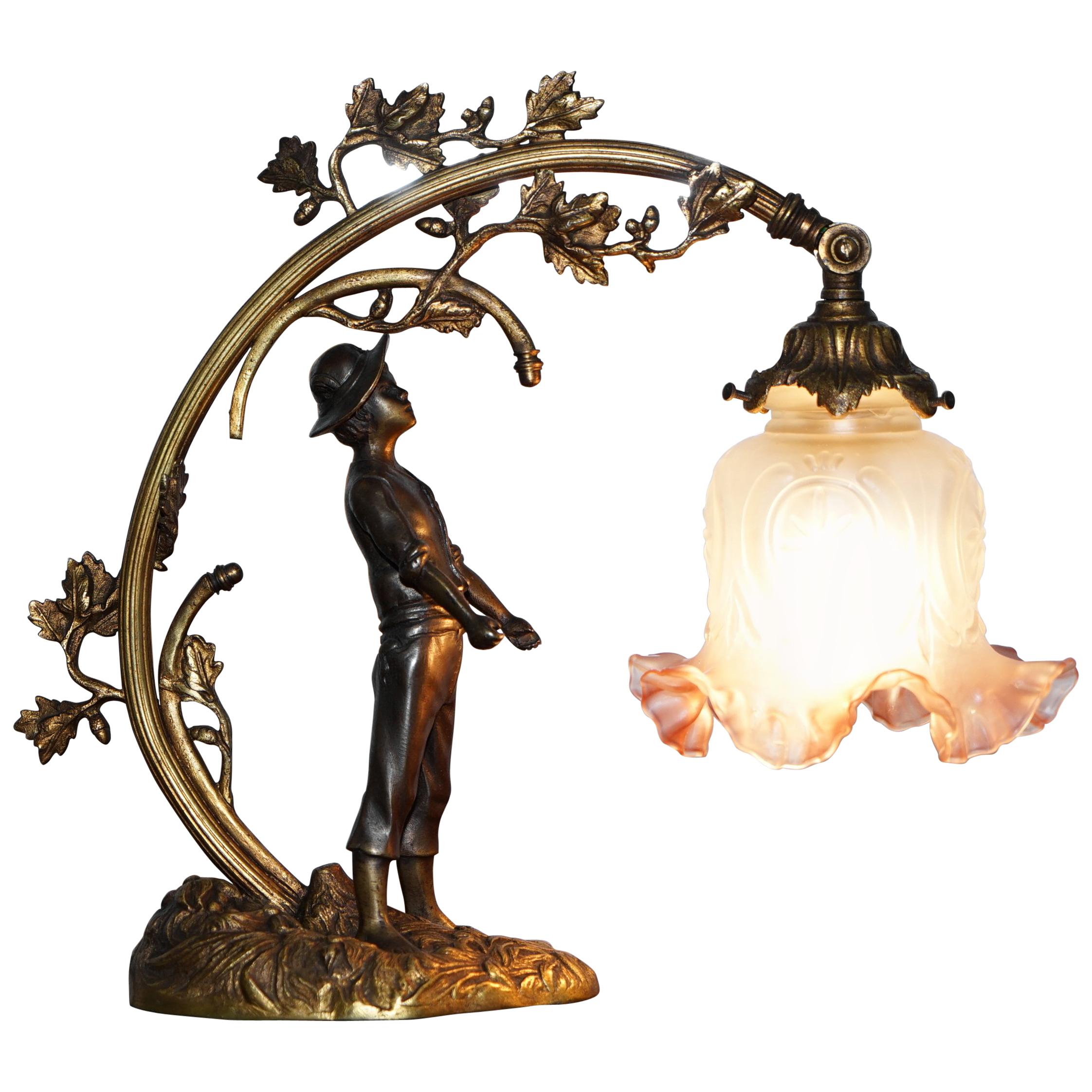 Stunning Solid Bronze circa 1920 Table Lamp with Statue Original Shade Rare Find