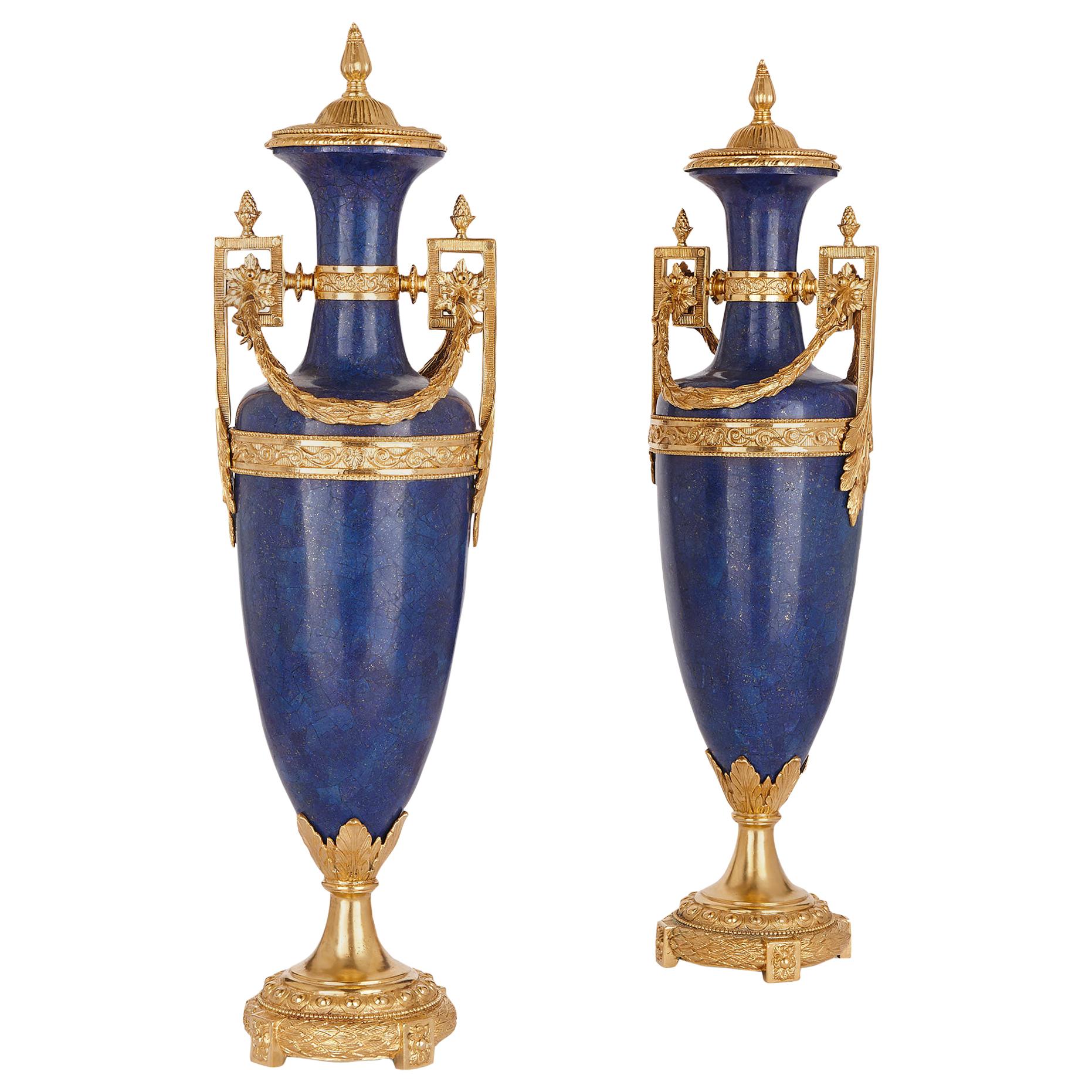 Two French Louis XVI Style Lapis Lazuli and Gilt Bronze Vases