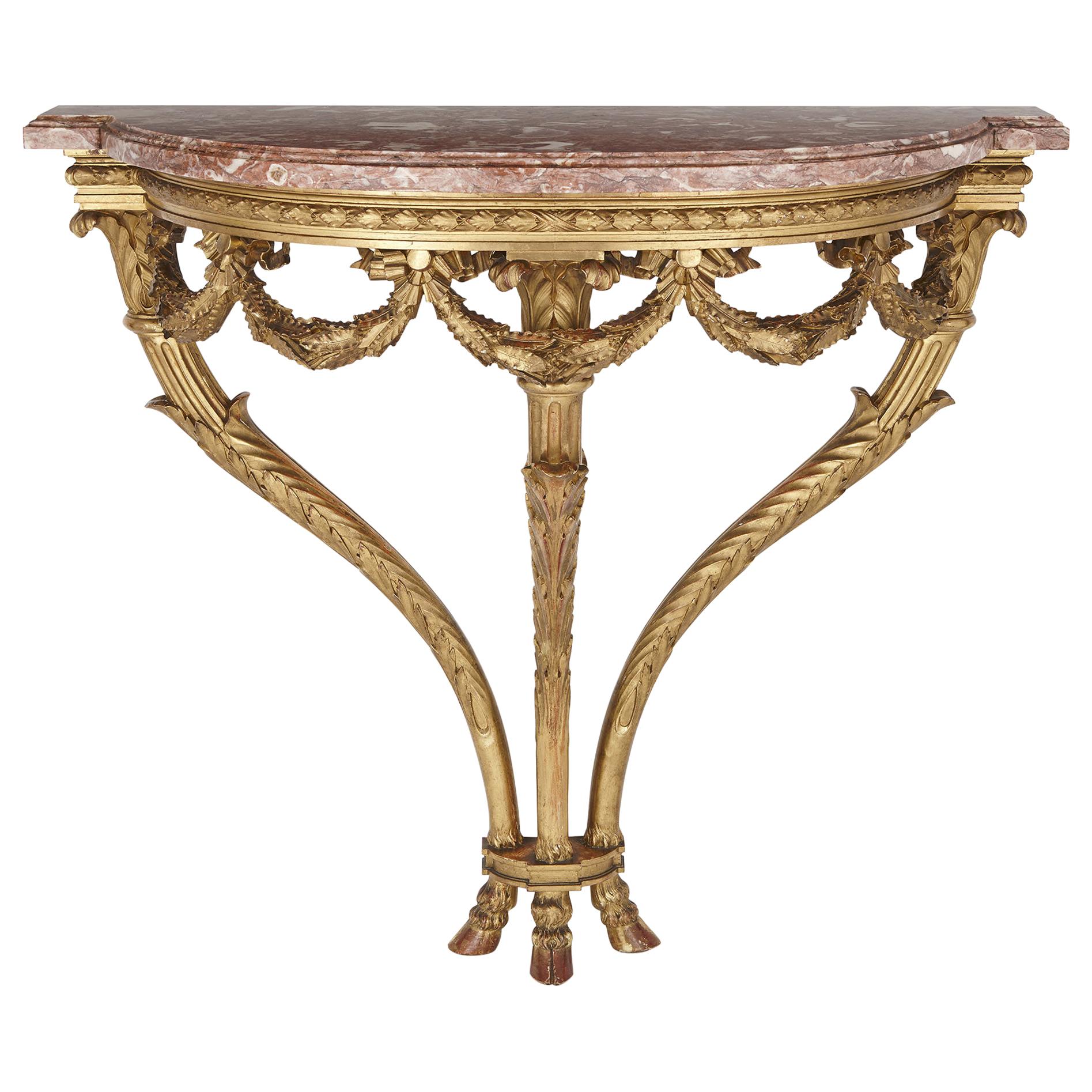 Antique Carved Giltwood and Pink Marble Console Table by Linke For Sale