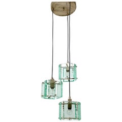 Vintage Three-Light Nile Green Glass Chandelier in the Style of Fontana Arte