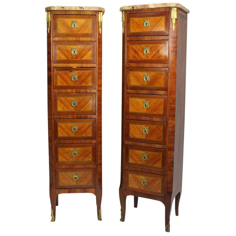 Pair of French Louis XV Style "Semainier" Tall Lingerie Commodes Marble with Top For Sale at 1stDibs