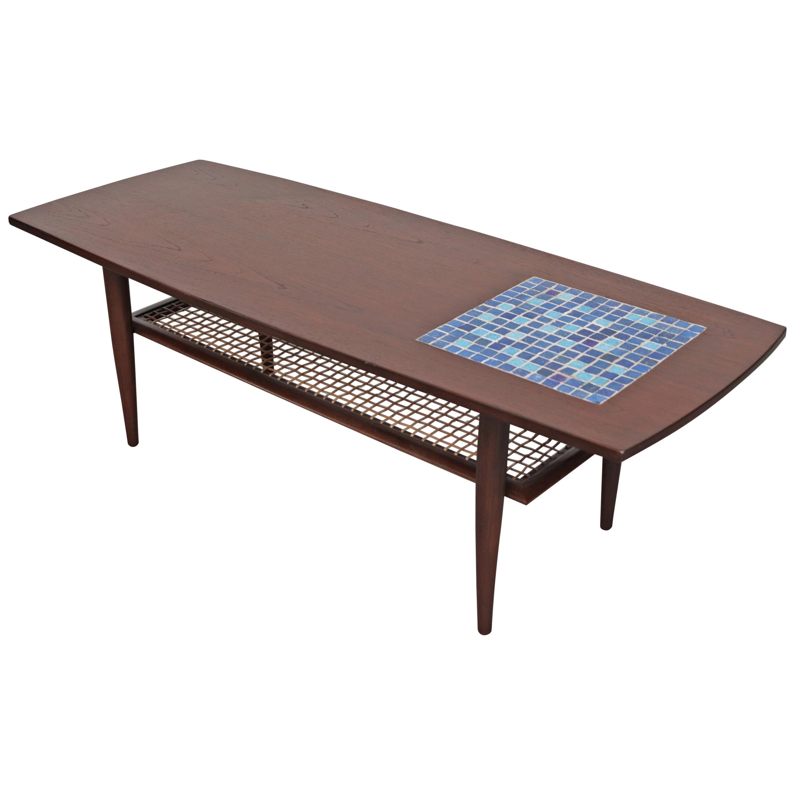 WeBe Attributed Teak Coffee Table with Inset Blue Mosaic