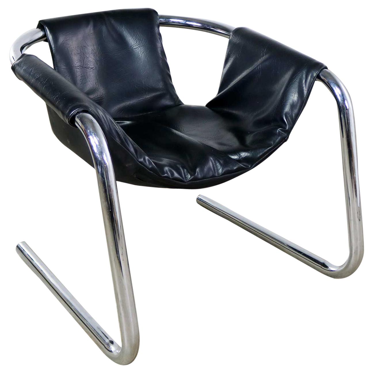 Chrome and Black Vinyl Cantilevered Sling Chair Attributed to Vecta Group, Italy