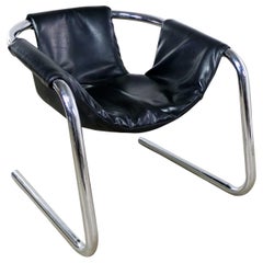 Vintage Chrome and Black Vinyl Cantilevered Sling Chair Attributed to Vecta Group, Italy