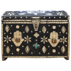 Antique Early 1900s Moroccan Chest - Leather, Bone, Silver, Gems, Hamsa - Luxe Boho Chic